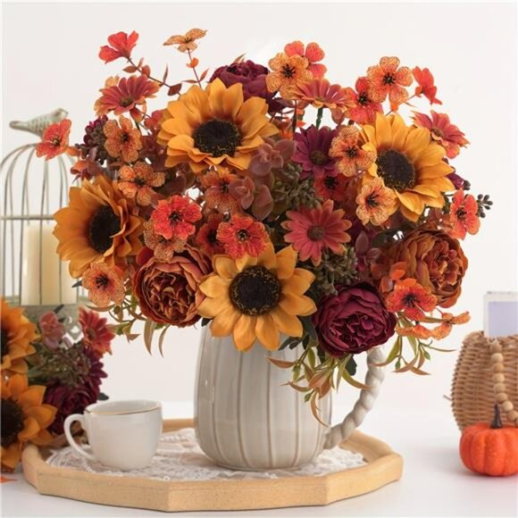 4pcs Realistic Autumn Floral Arrangement - Sunflower, Peony, Daisy Bouquet Decor - Picture 2 of 6
